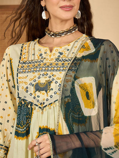 Dhiyona SN Women's Bandhani Printed Cotton A-Line Kurta with Trousers & Dupatta