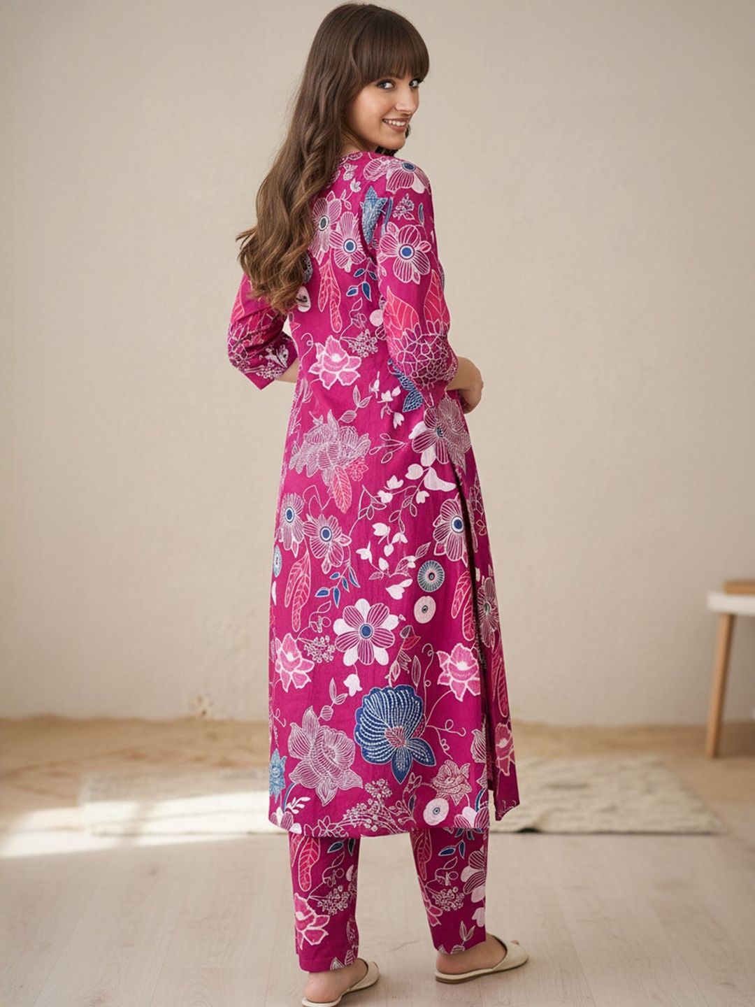 Floral Printed V-Neck Pure Cotton A-Line Kurta With Trouser