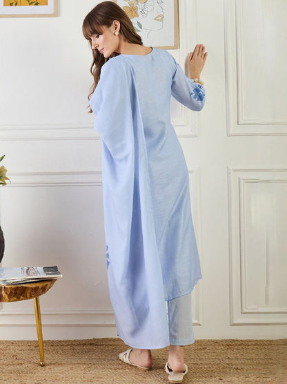 Women Floral Printed Linen Kurta with Trousers & Dupatta