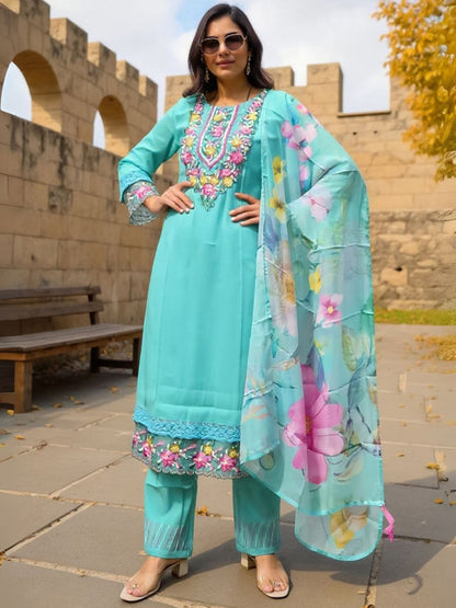 Floral Yoke Design Thread Work Straight Kurta With Trousers & Dupatta