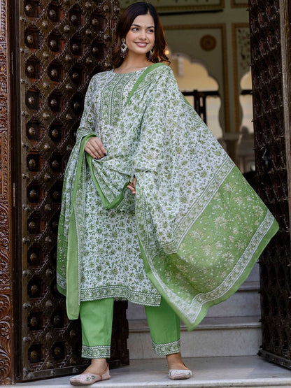 Floral Printed Pure Cotton Straight Kurta With Trouser And Dupatta