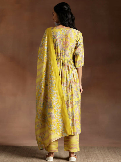 Women's LB Aashna Mustard Printed Silk Blend A-Line Kurta With Palazzos & Dupatta
