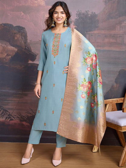 Dhiyona PD Women Floral Embroidered Kurta With Trouser & Dupatta