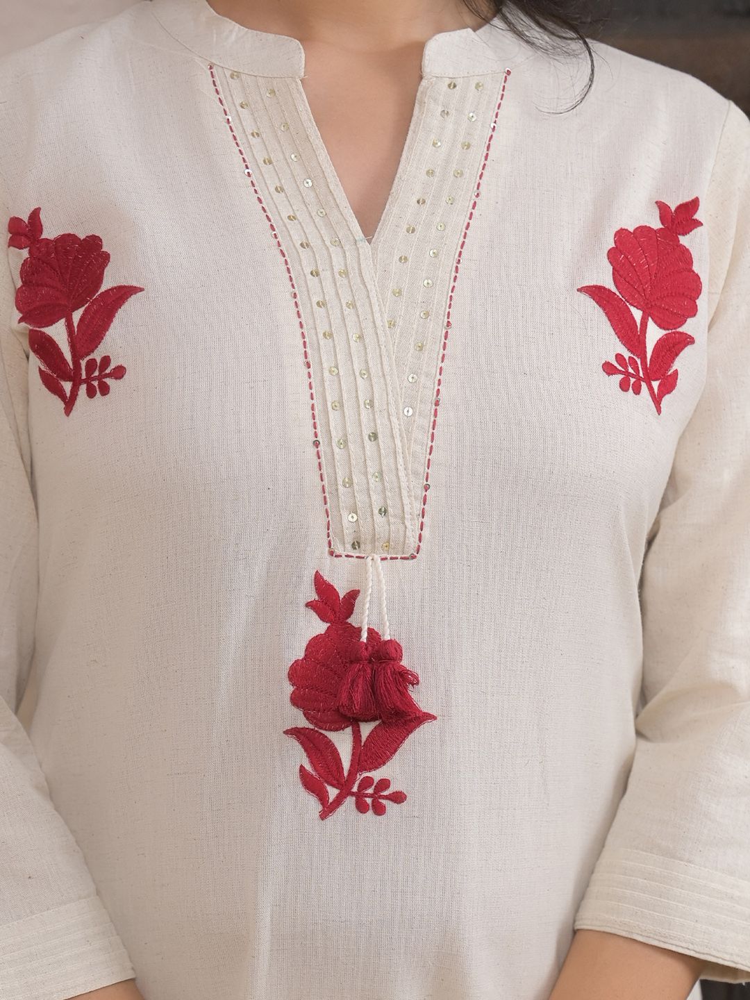 Floral Embroidered Thread Work Pure Cotton A-Line Kurta With Palazzos