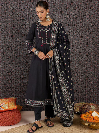 Floral Printed Thread Work Pure Cotton Kurta With Palazzos & Dupatta