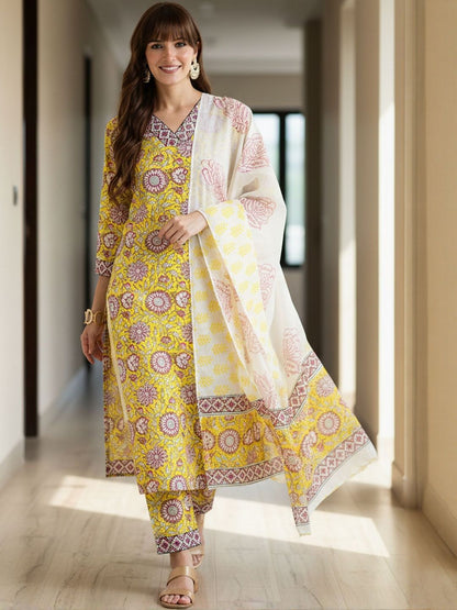 Floral Printed Pure Cotton Straight Kurta With Trousers & Dupatta