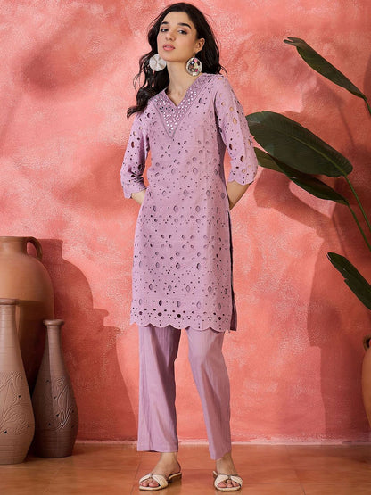 Dhiyona SN Women's Geometric Embroidered Mirror Work Pure Cotton Straight Kurta With Trousers