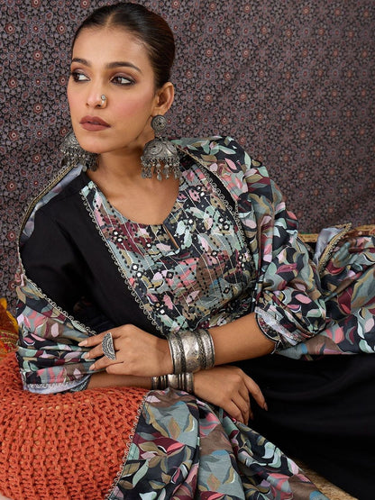 Women Floral Embroidered Regular Mirror Work Kurta with Trousers & With Dupatta