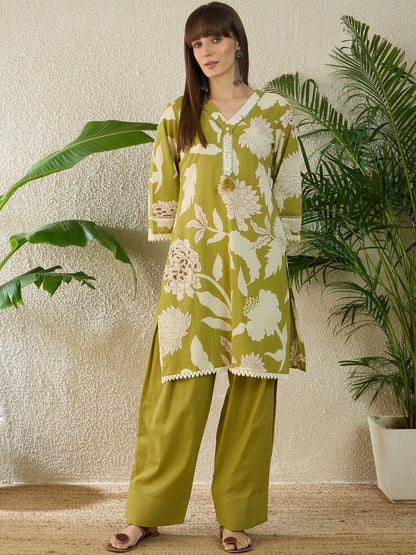 Floral Printed Pure Cotton Straight Kurta With Trousers