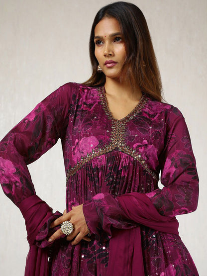 Dhiyona SO Women's Floral Printed Mirror Work Straight Kurta with Sharara & Dupatta