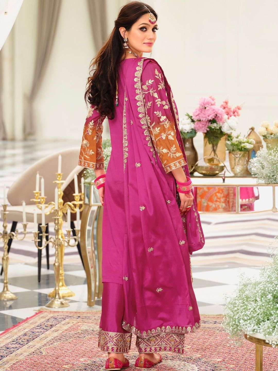 Women Ethnic Motifs Embroidered Panelled Kurta with Palazzos & Dupatta