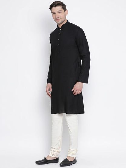 Men's Black Cotton Linen Straight Kurta Pyjama Set