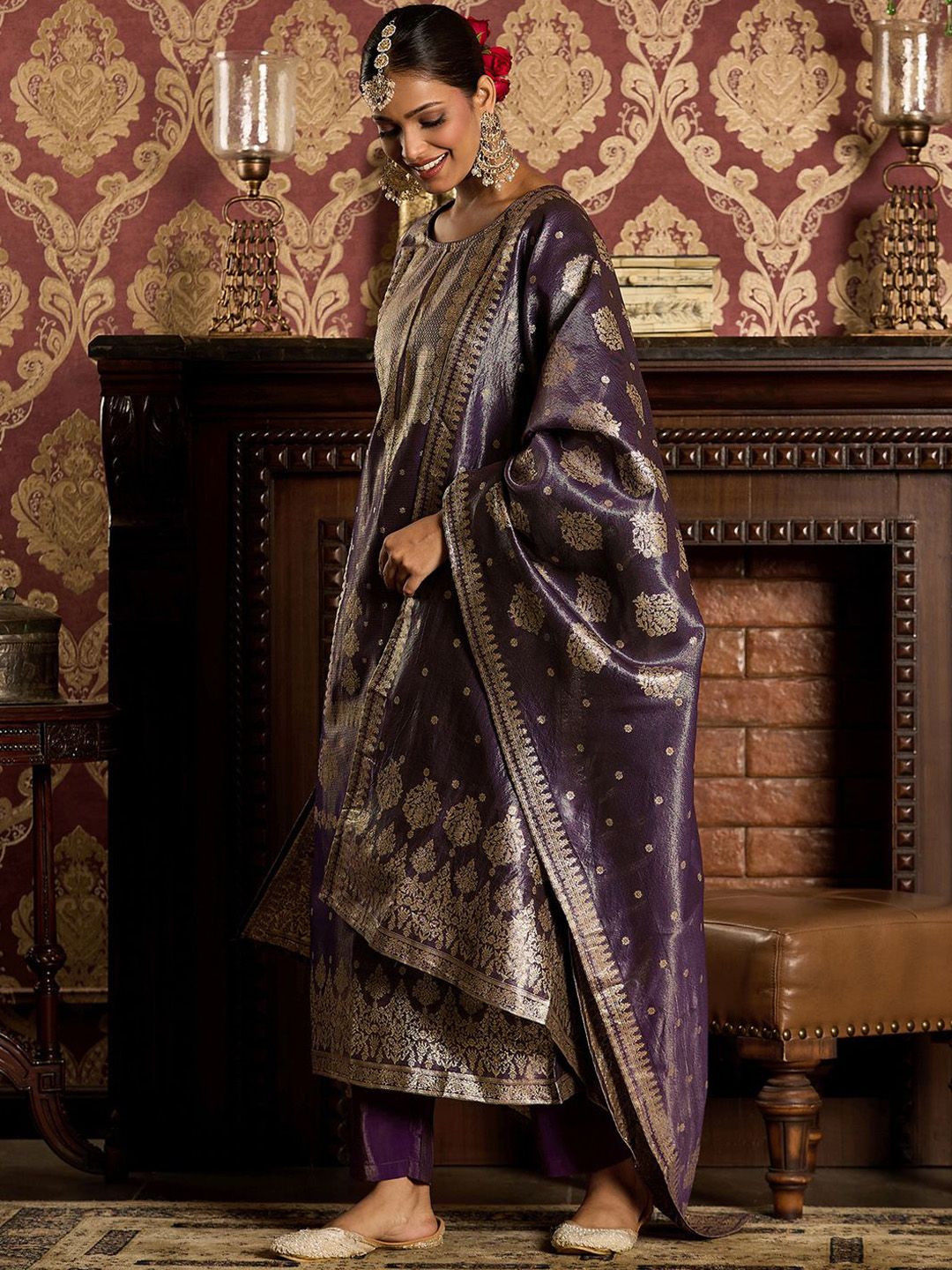 Ethnic Motifs Woven Design Zari Straight Kurta With Trousers & Dupatta