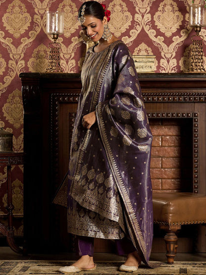 Ethnic Motifs Woven Design Zari Straight Kurta With Trousers & Dupatta