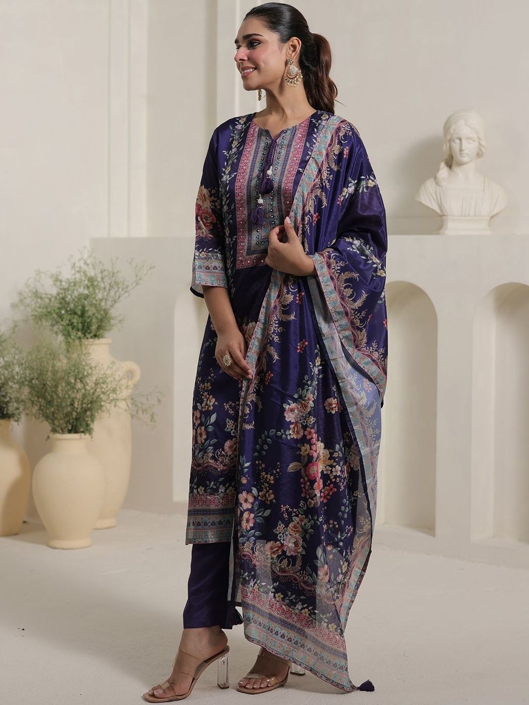Motif Printed Notch Neck Chinon Mirror Work Straight Kurta & Palazzo With Dupatta