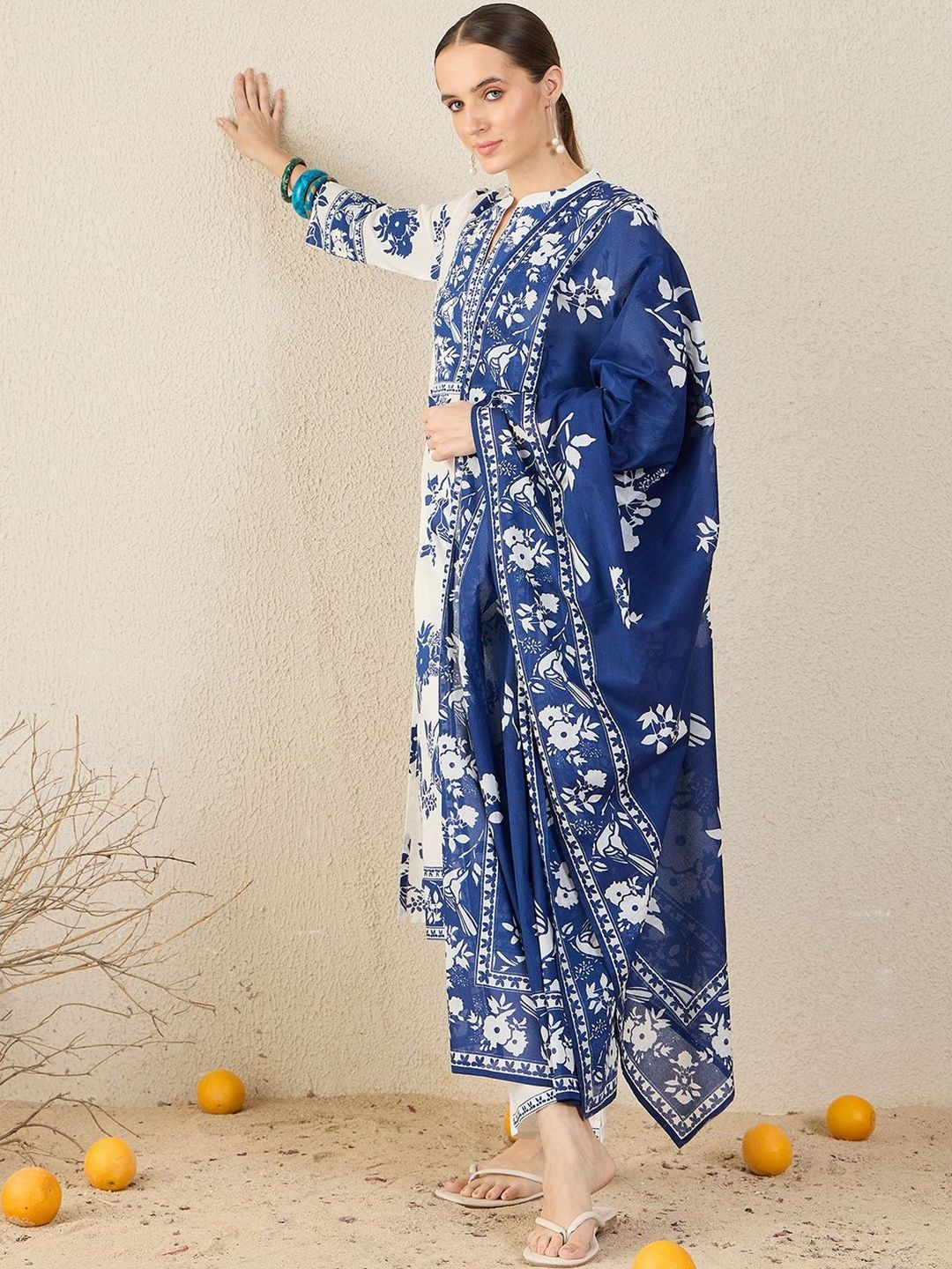 Women Floral Printed Cotton Kurta with Trousers & Dupatta
