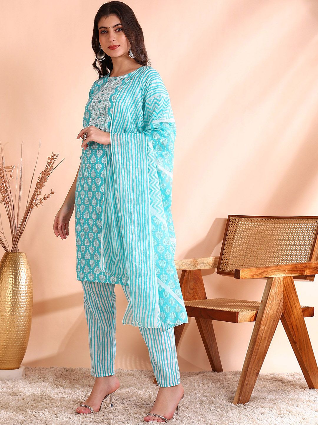 Dhiyona OD  Thread Work Pure Cotton Straight Kurta with Trousers & Dupatta