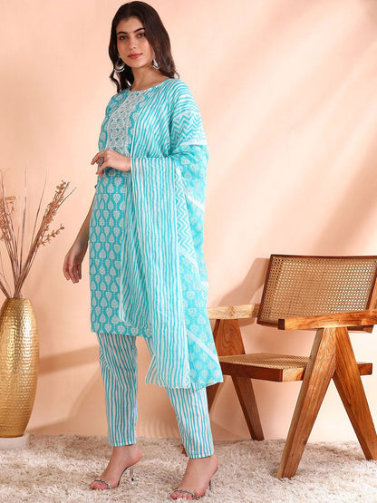 Dhiyona OD  Thread Work Pure Cotton Straight Kurta with Trousers & Dupatta