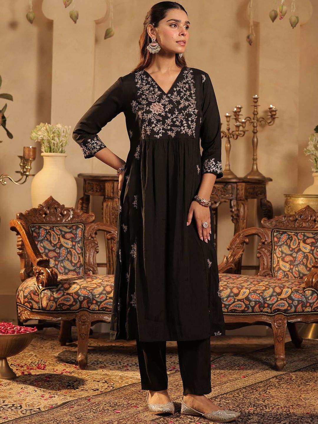 Dhiyona IE Floral Embroidered Pleated V-Neck Thread Work A-Line Kurta with Trousers