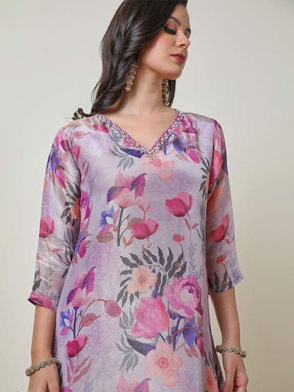 Dhiyona SO Women's Floral Printed Regular Beads and Stones Tissue Straight Kurta With Trouser