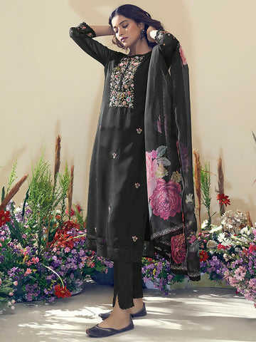 Women's Black Embroidered Straight Kurta Trousers With Dupatta Set