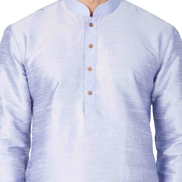 Men's Bluish White Silk Blend Straight Kurta and Dhoti Set