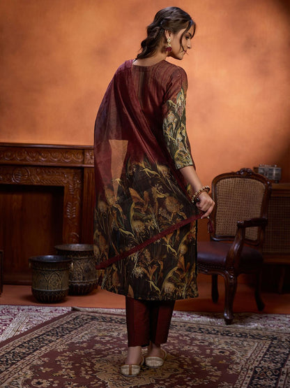 Dhiyona WP Floral Digital Printed Beads and Stones Jacquard Kurta with Trousers & Dupatta