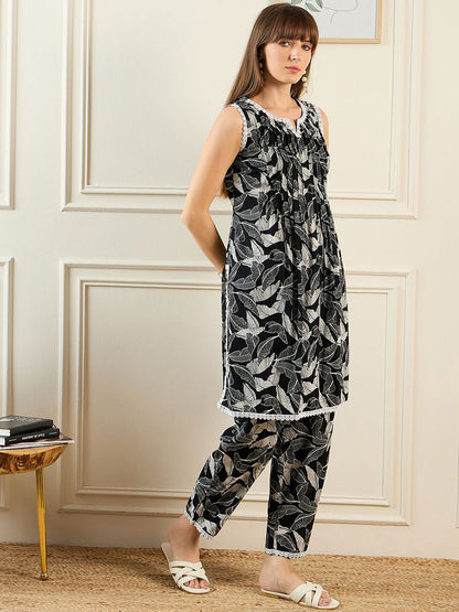Dhiyona IE Floral Printed Notched Neck Pure Cotton Tunic With Trouser