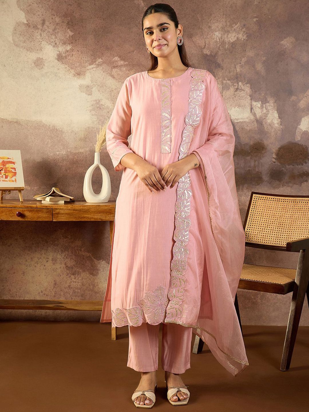 Women Solid Embroidered Kurta with Trousers & Dupatta