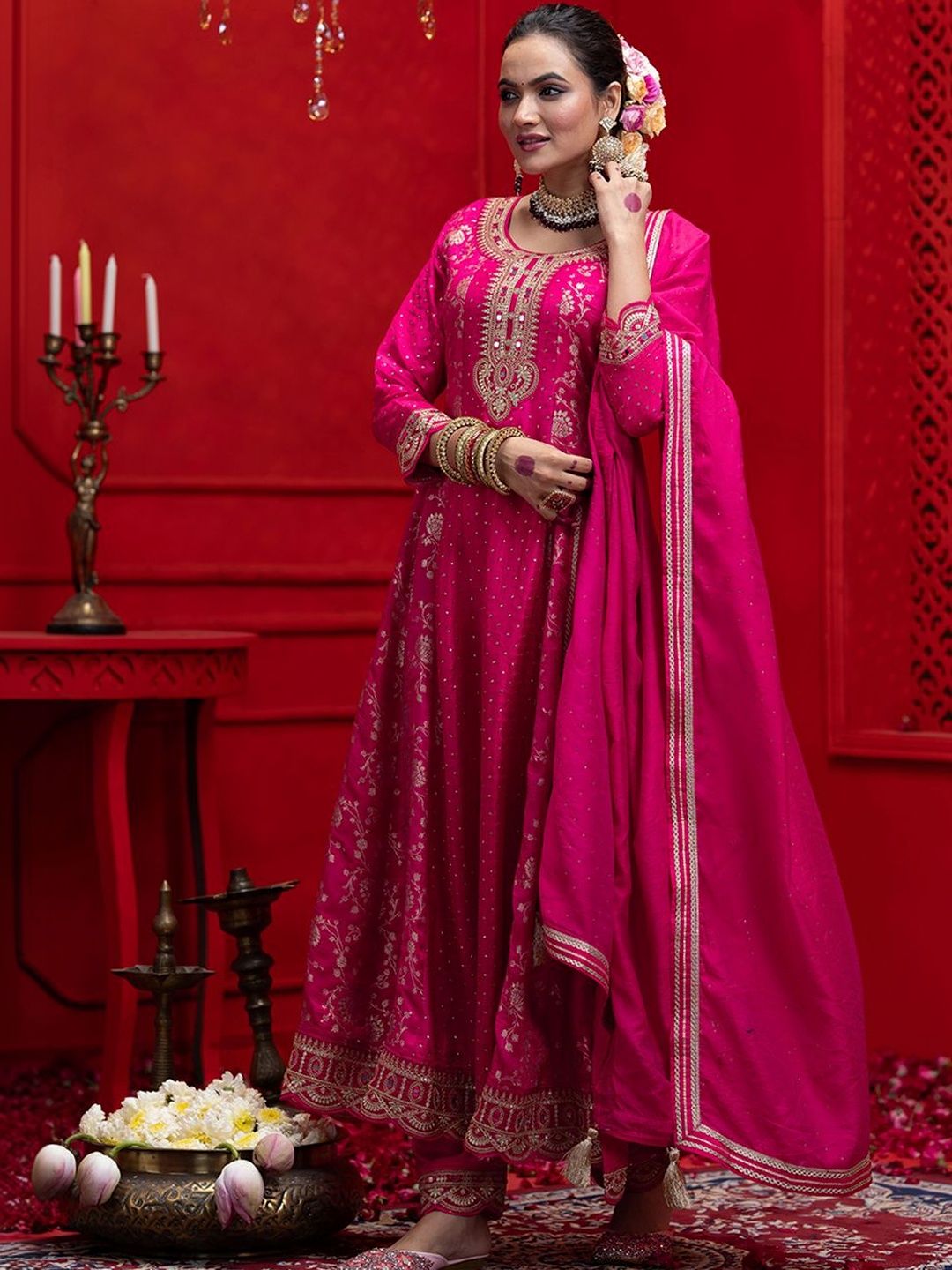 Dhiyona CH Women Ethnic Motifs Embroidered Panelled Thread Work Kurta with Trousers & With Dupatta