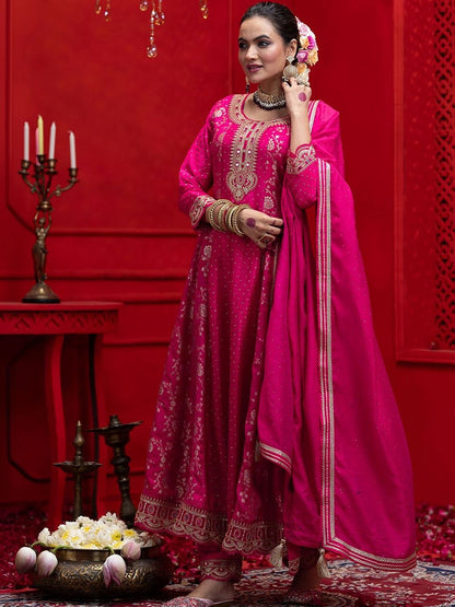 Dhiyona CH Women Ethnic Motifs Embroidered Panelled Thread Work Kurta with Trousers & With Dupatta