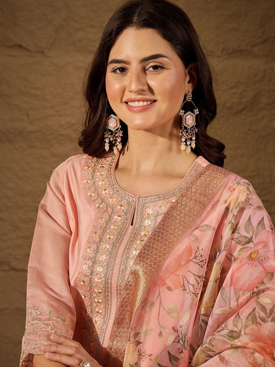 Dhiyona PD Women Embroidered Round Neck Kurta Trouser Dupatta Set
