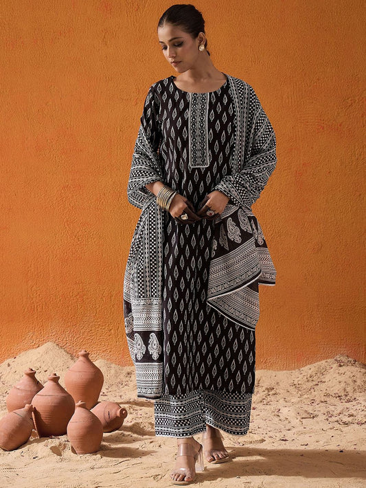 Dhiyona IE Geometric Printed Mirror Work Pure Cotton Kurta With Palazzos & Dupatta