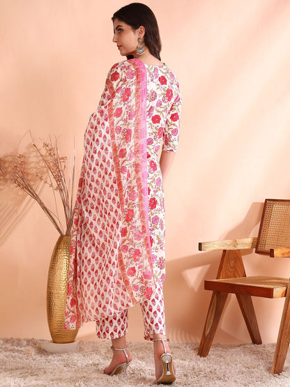 Dhiyona OD  Floral Printed Pure Cotton Straight Kurta with Trousers & Dupatta