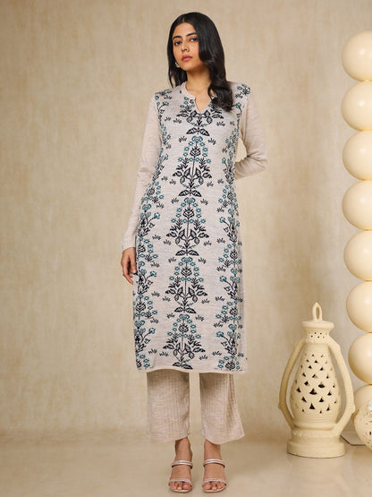 Dhiyona SO Women's Off White Floral Woven Design Mandarin Collar Acrylic Straight Kurta With Trouser