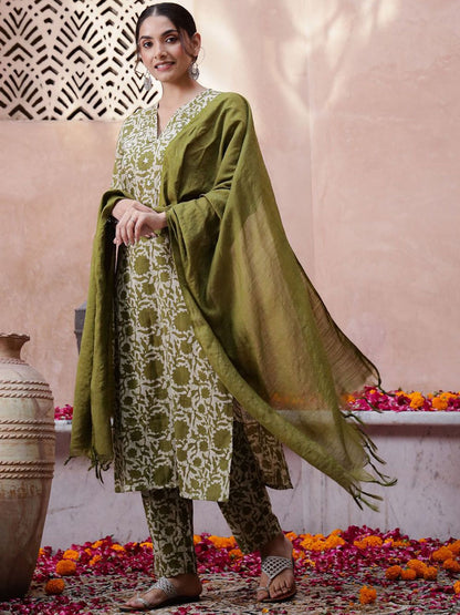Dhiyona SN Women's Floral Printed Thread Work Pure Cotton Kurta with Trouser & Dupatta