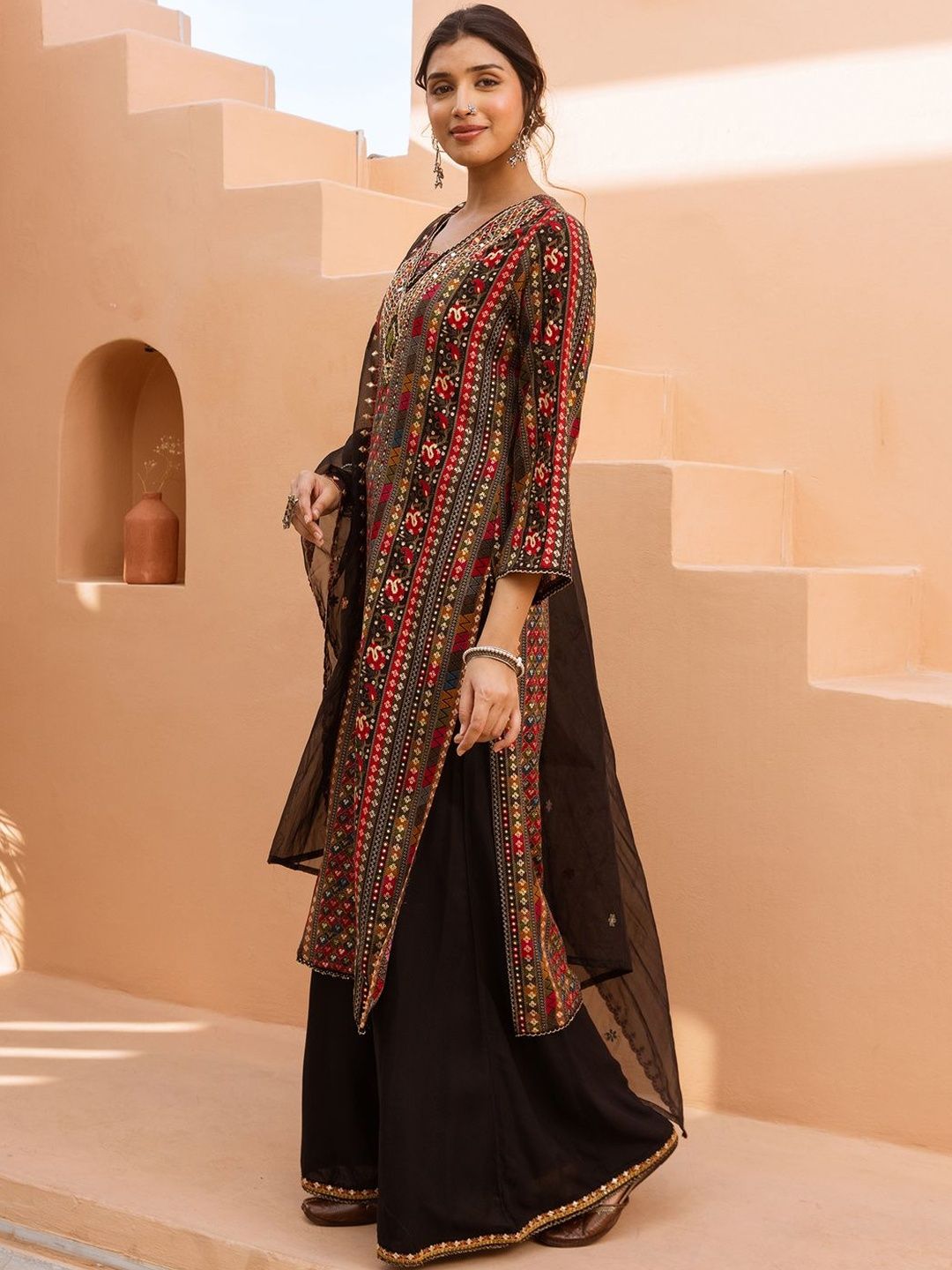 Women Ethnic Motifs Embroidered Regular Mirror Work Kurta with Palazzos & Dupatta