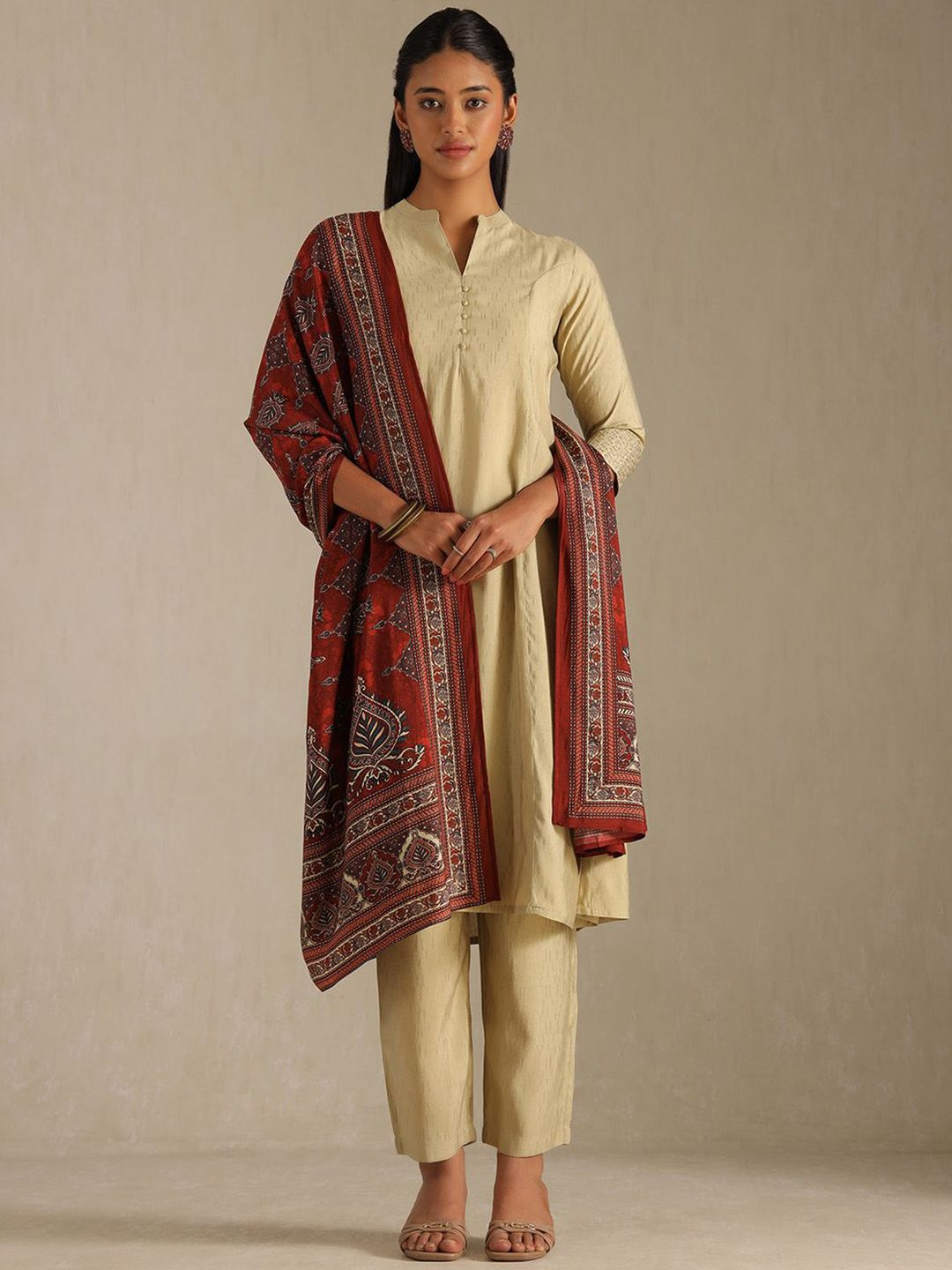 Dhiyona SO Women's Women Ethnic Motifs Solid A-Line Kurta with Trousers & Dupatta