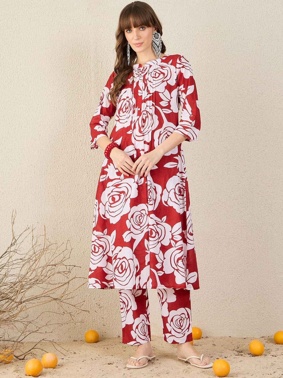 Dhiyona IE Floral Printed Pleated Mandarin Collar Pure Cotton A-Line Kurta with Trousers