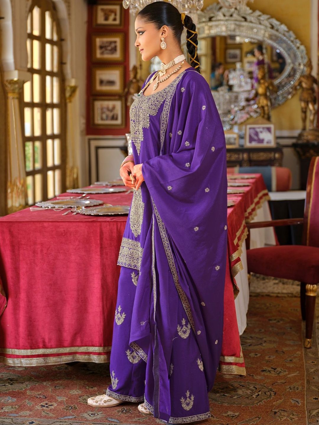 Ethnic Motifs Embroidered Chinon Beads And Stones Kurta With Palazzos & Dupatta