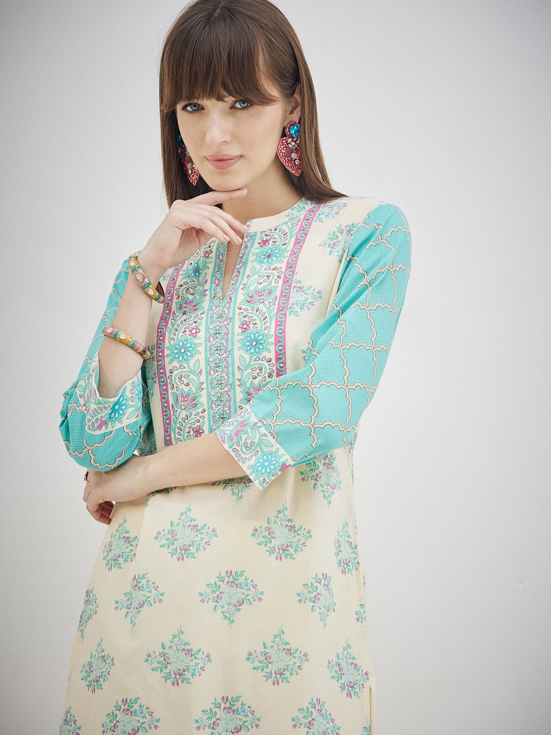 Dhiyona IE Printed Pure Cotton V-Neck Tunic With Trousers Co-Ords