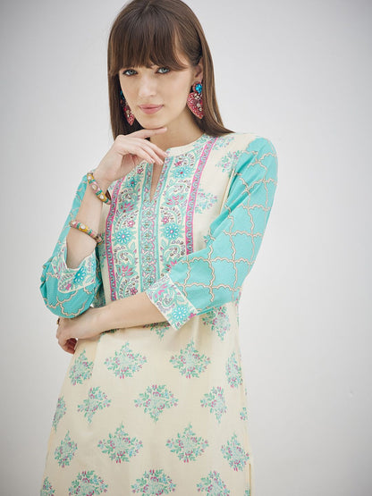 Dhiyona IE Printed Pure Cotton V-Neck Tunic With Trousers Co-Ords