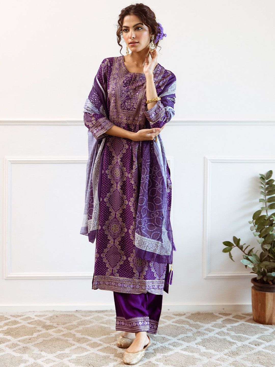 Dhiyona IS Women's Purple Bandhani Printed Round Neck Straight Kurta With Palazzos & Dupatta