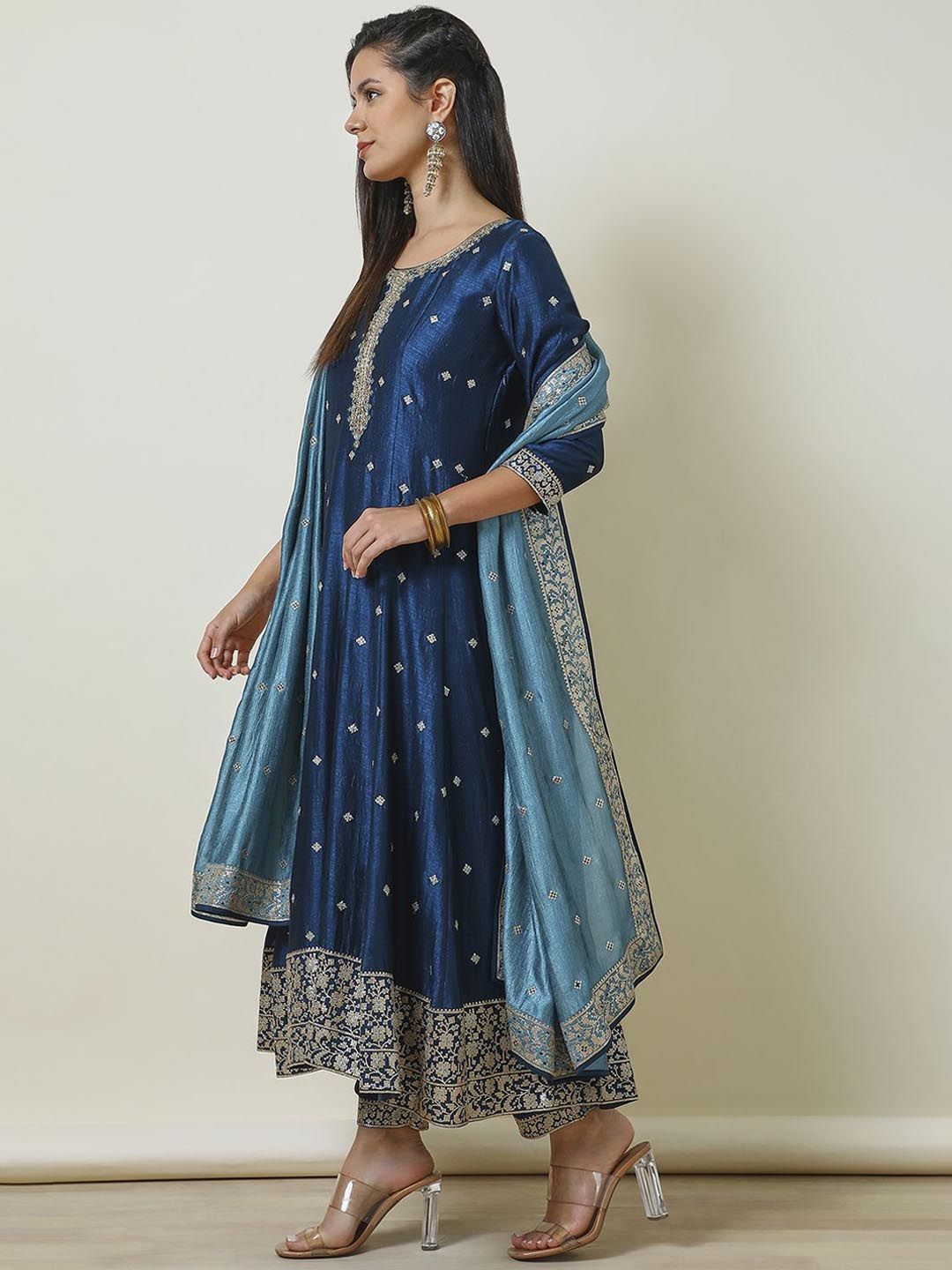 Dhiyona SO Women's Floral Embroidered Regular Sequinned Anarkali Kurta with Trousers & Dupatta