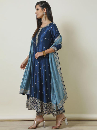 Dhiyona SO Women's Floral Embroidered Regular Sequinned Anarkali Kurta with Trousers & Dupatta
