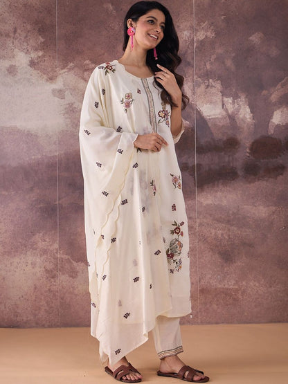 Floral Embroidered Thread Work Straight Kurta With Trousers & Dupatta