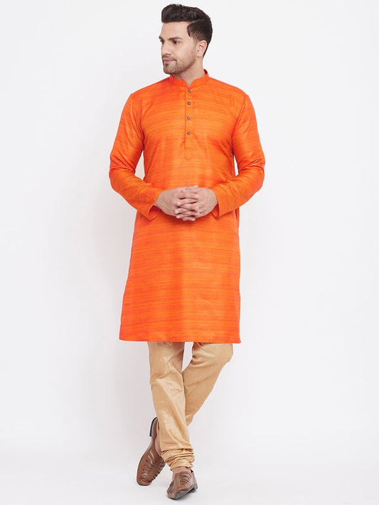 Men's Orange Silk Blend Straight Kurta Pyjama Set