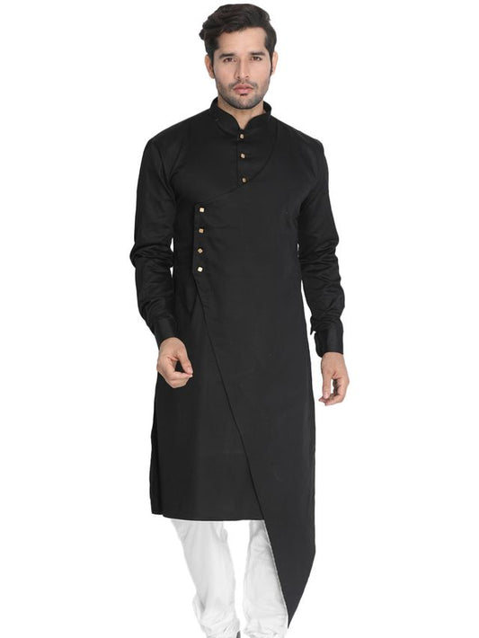 Men's Black Cotton Cotton Satin Asymmetric Kurta Pyjama Set