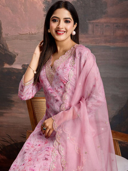 Dhiyona PD Women Floral Printed & Embroidered Organza Kurta & Trousers with Net Dupatta