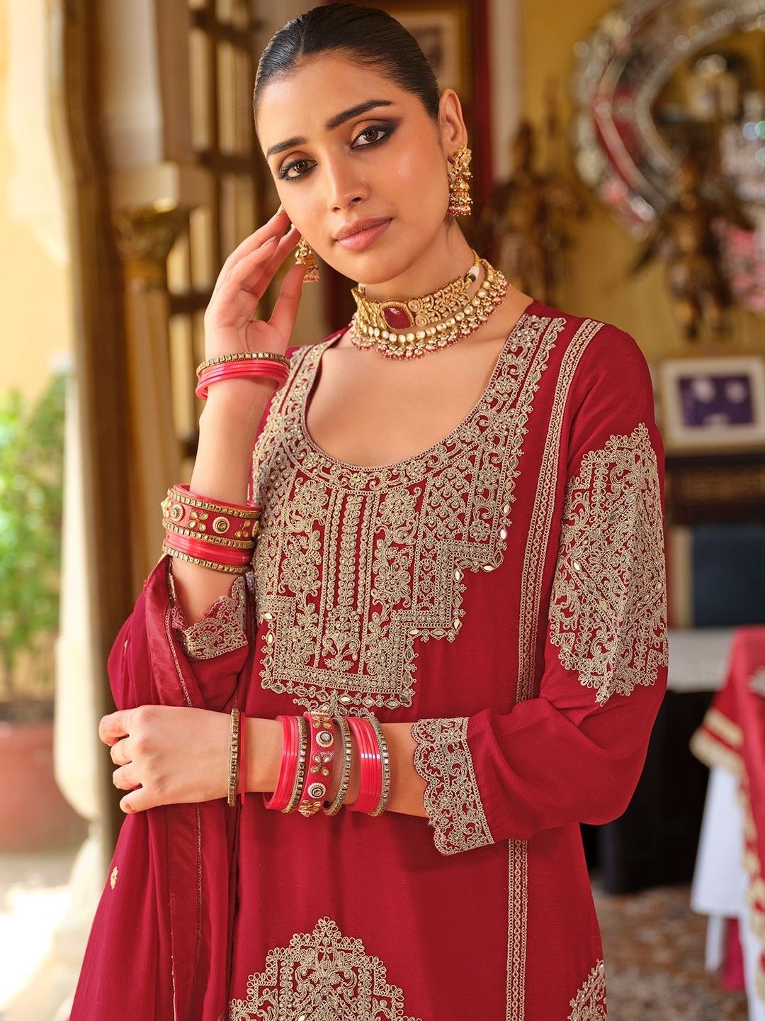 Ethnic Motifs Embroidered Chinon Beads & Stones Kurta With Palazzos & Dupatta